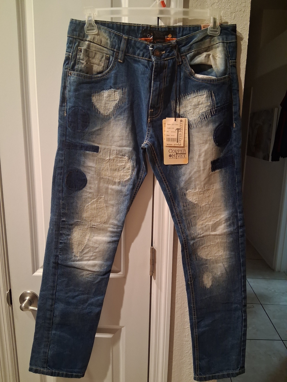 Copper Rivet Slim Straight Men's Jeans in Blue with Patch Distress